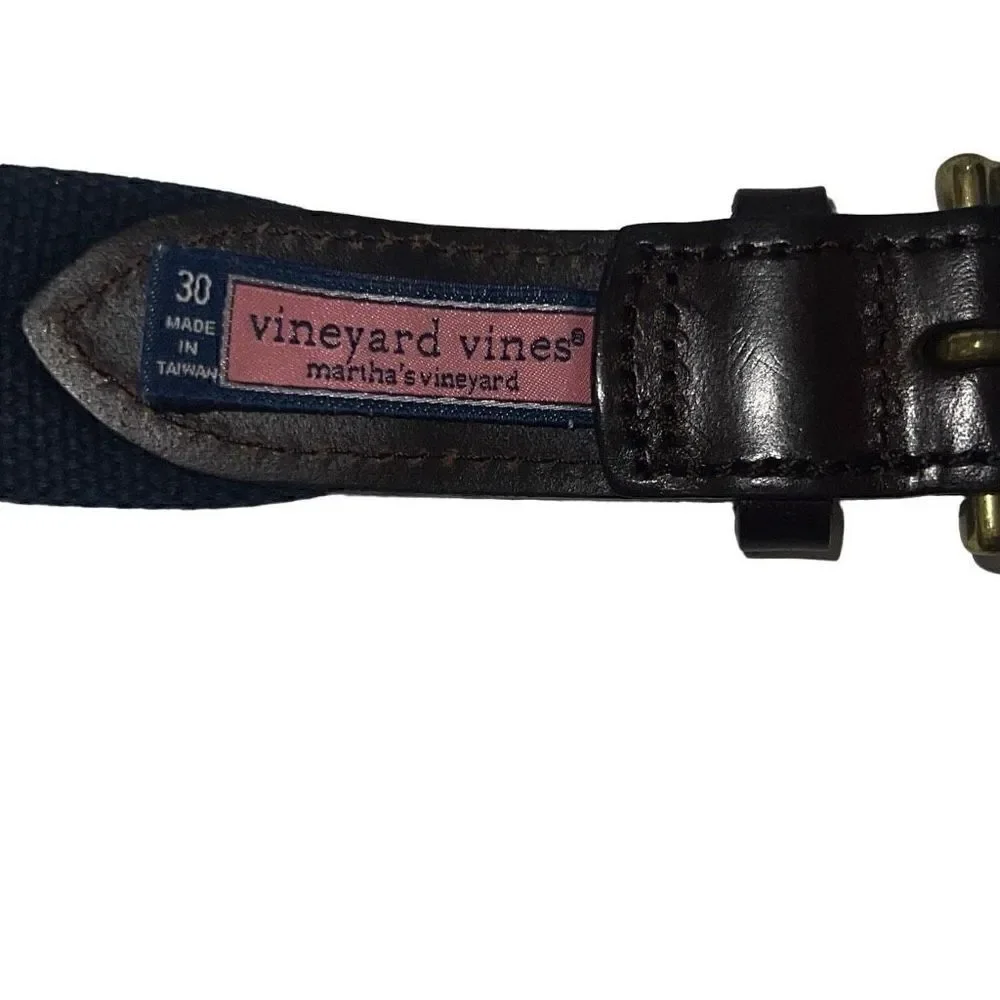 Vineyard Vines Men’s Whale Adjustable Belt Logo Silk Leather Blue Brown Sz 30